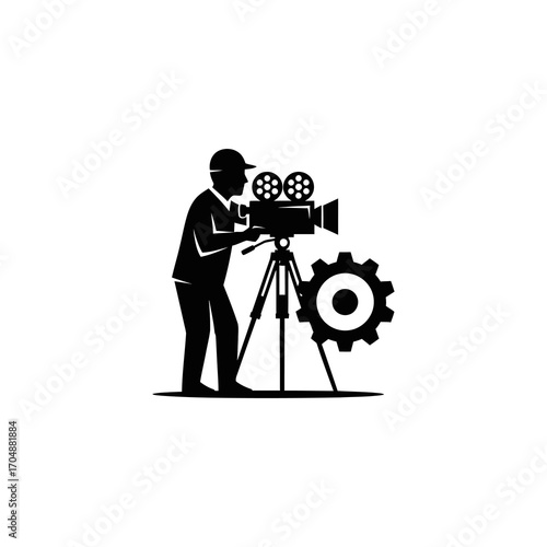 Silhouette of a film technician operating a vintage movie camera on a tripod, with a gear symbol.