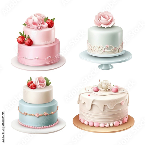 Four decorative cakes with floral and fruit embellishments on white background dessert sweet