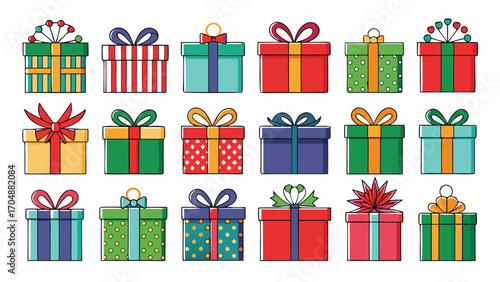 Colorful Christmas gift boxes se. Vector illustration present gift boxes on transparent background. Flat design style