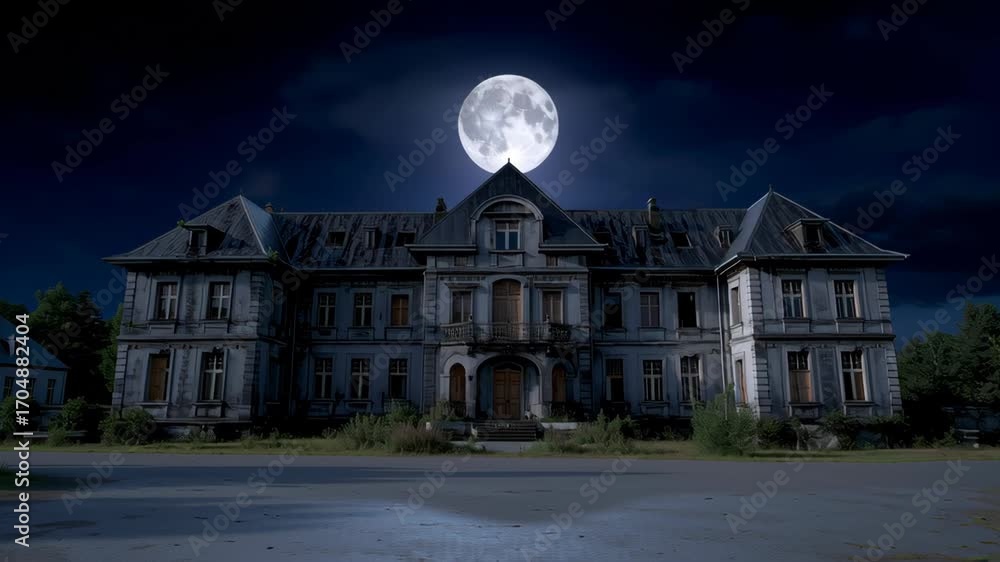 Haunted house night moonlit mansion with overgrown yard and eerie glow ...