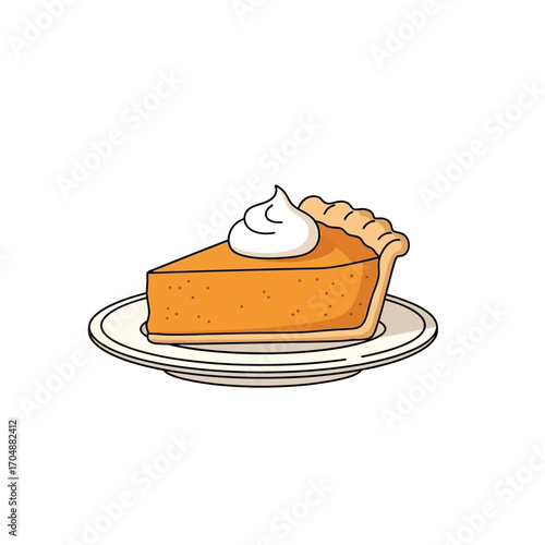 A delectable slice of traditional pumpkin pie topped with a swirl of whipped cream, served on a plate. Classic autumn dessert illustration isolated on a white background
