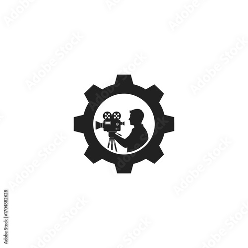 Silhouette of a filmmaker operating a film camera within a gear, representing the process of filmmaking.
