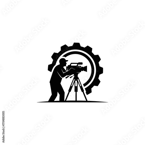 Stylized black silhouette of a professional cameraman filming with a video camera on a tripod, set against a large cogwheel.