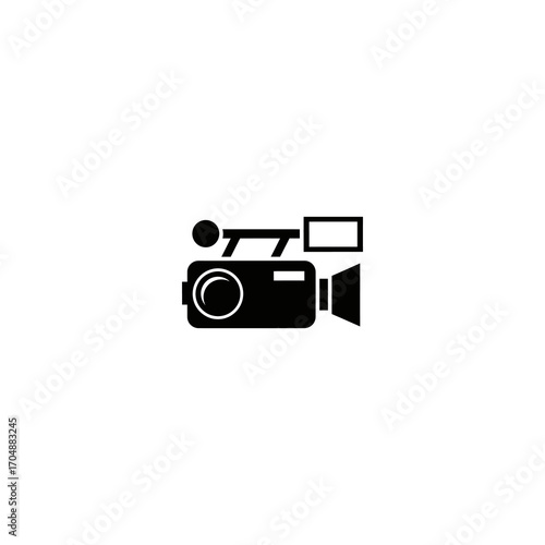 Simple black and white icon of a vintage video camera.