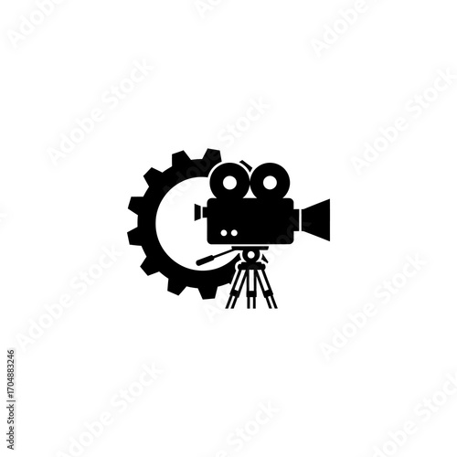 A black silhouette icon combining a classic movie camera on a tripod with a large mechanical gear.