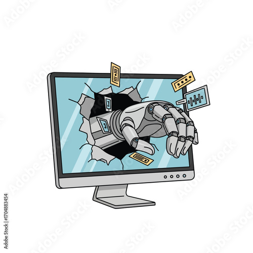 Illustration of an AI robot arm smashing through a monitor, symbolizing a technological breakthrough or a cyber security threat