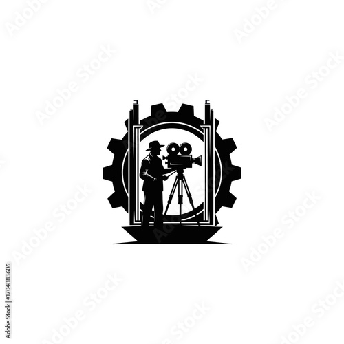 Silhouette of a filmmaker operating a camera within a gear-shaped frame.