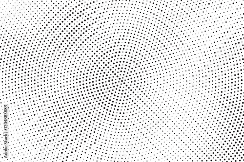 Radial halftone gradient background. Dotted concentric texture with fading effect. Black and white circle shade wallpaper. Grunge rough vector. Monochrome backdrop