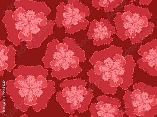 Seamless pattern of red floral blossoms and leaves