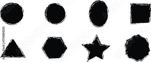 Collection of eight solid black grunge shapes with rough edges silhouette