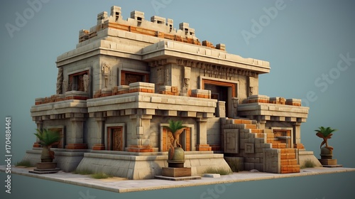Stylized ancient temple with intricate architectural details and surrounding vegetation rendered