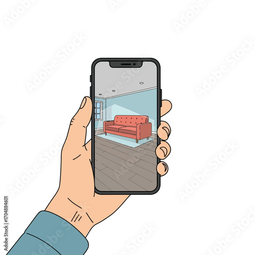 Hand holding a smartphone using an augmented reality application to visualize new furniture placement in a room, illustrating modern interior design