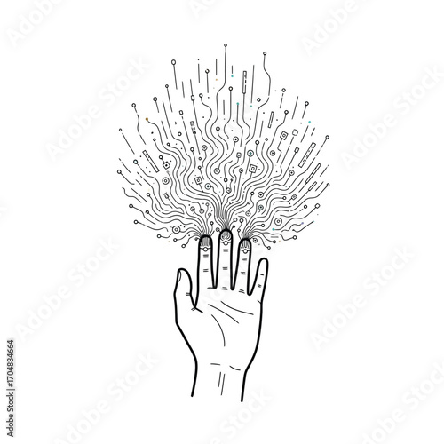 Minimalist line art drawing of a human hand connecting to a digital network, illustrating the concept of a human-technology interface and data flow