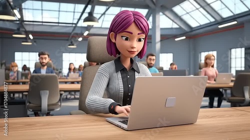Cartoon Businesswoman Working on Laptop in Modern Office, Coworkers Background