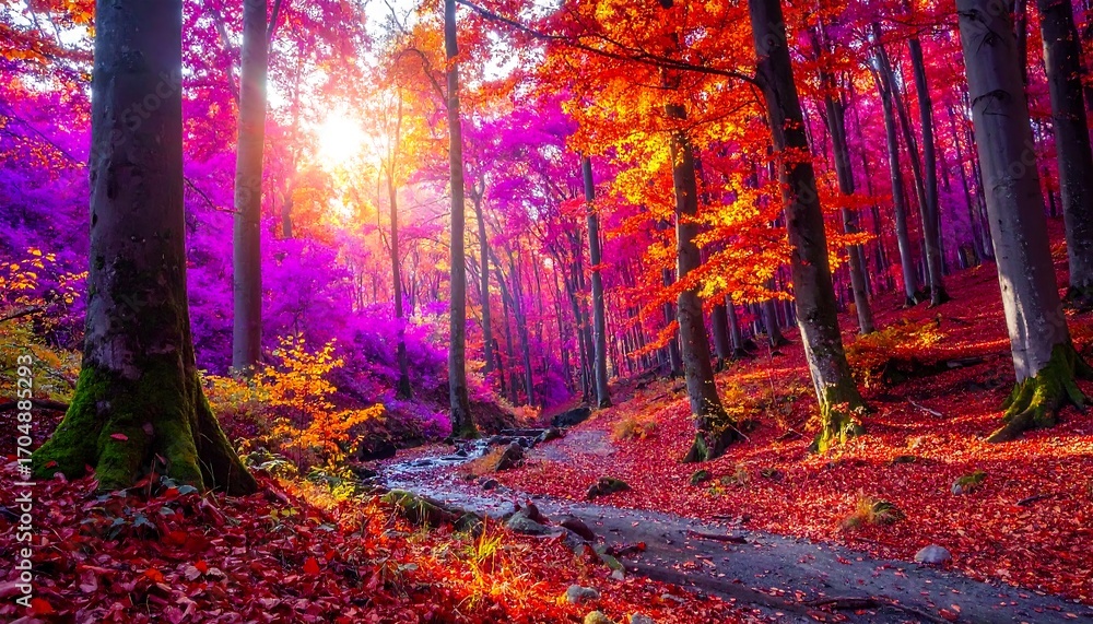 Fototapeta premium Serene forest path glows with vibrant hues, sunbeams pierce through canopy. Autumnal trees create a colorful, magical landscape