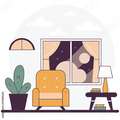 Cozy living room interior with a comfortable armchair and a window showing a peaceful night sky.
