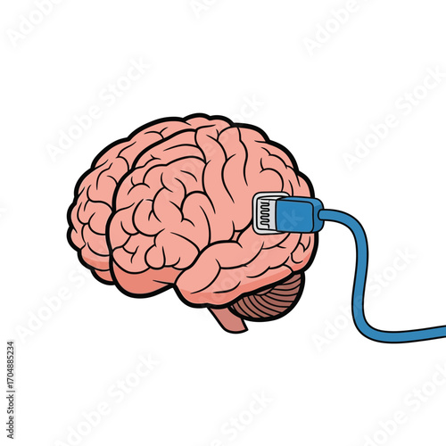 A conceptual illustration of a human brain connected to a network cable, symbolizing a brain-computer interface, artificial intelligence, and neurotechnology