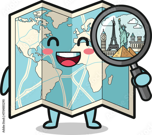 Cute cartoon world map character holding a magnifying glass over paris landmarks
