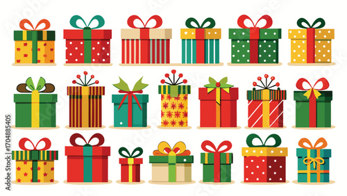 Colorful Christmas gift boxes se. Vector illustration present gift boxes on transparent background. Flat design style