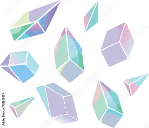 Vibrant, geometric crystals and gemstones floating against a clean white background.