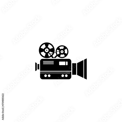 A vintage film projector icon with two reels and a lens, symbolizing classic cinema and media production.