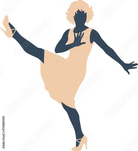 Energetic dancer in a flowing dress performs a dynamic ballet pose with grace and flair.