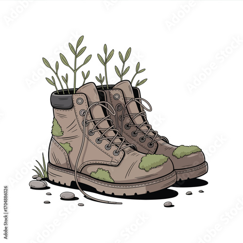Symbolic illustration of new life and peace, with vibrant green plants sprouting from old, weathered combat boots