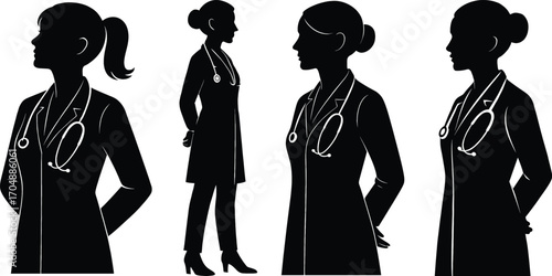 Set of female doctor silhouettes in different poses with stethoscopes medical professional graphics 