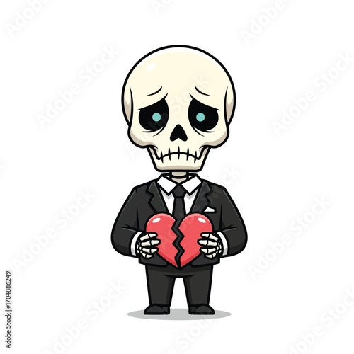 Cute cartoon skeleton character with a sad expression holding a broken red heart, a poignant symbol of heartbreak and despair