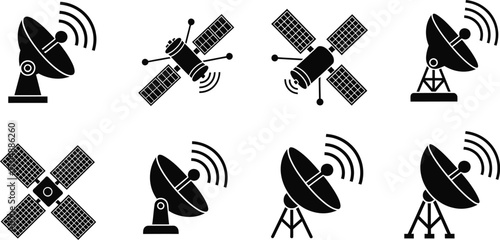 Collection of satellite dishes and spacecraft icons broadcasting signals
