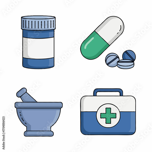 Vector pack of pharmacy icons with pill bottle, capsule, mortar and pestle, and medical bag in flat minimal style, perfect for healthcare design.