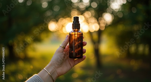 Hand Holding Amber Spray Bottle in Nature Bokeh Background.