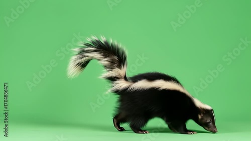 Skunk walking on green background