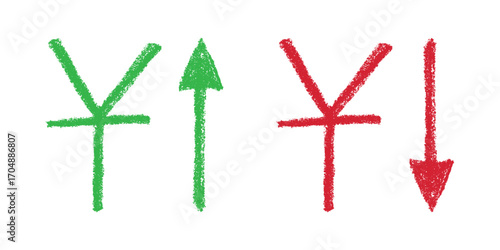 Hand drawn chinese yuan currency symbol Growth and fall profit with arrow up and down Brush stroke doodle Element for design