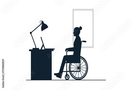 Silhouette illustration of a person with a disability in a wheelchair working at a desk, representing workplace accessibility and professional inclusion