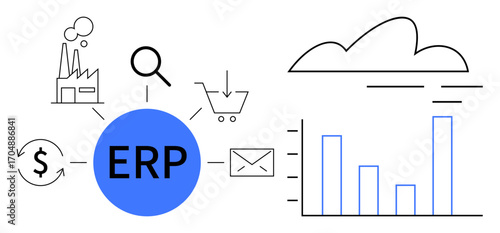 Central ERP hub connects factory, magnifier, currency, shopping cart, email, cycle icon, cloud, and bar graph. Ideal for business process management analytics technology operations communication