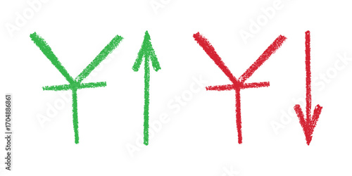 Hand drawn chinese yuan currency symbol Growth and fall profit with arrow up and down Brush stroke doodle Element for design