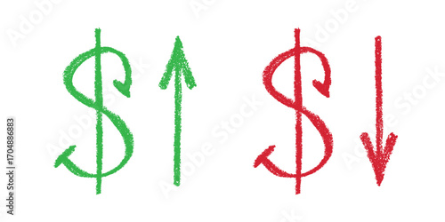Hand drawn dollar currency symbol Growth and fall profit with arrow up and down Brush stroke doodle Element for design