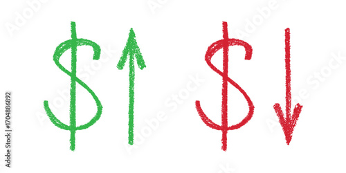 Hand drawn dollar currency symbol Growth and fall profit with arrow up and down Brush stroke doodle Element for design