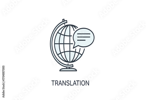 Global language translation service icon. Thin line art symbol of a world globe with a chat bubble for communication and interpretation