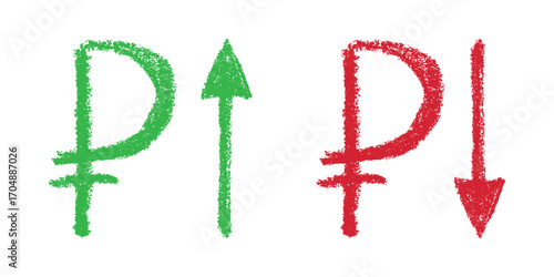 Hand drawn russian ruble currency symbol Growth and fall profit with arrow up and down Brush stroke doodle Element for design