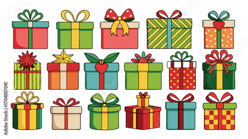 Colorful Christmas gift boxes se. Vector illustration present gift boxes on transparent background. Flat design style
