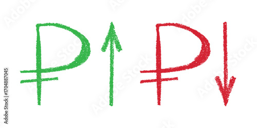 Hand drawn russian ruble currency symbol Growth and fall profit with arrow up and down Brush stroke doodle Element for design