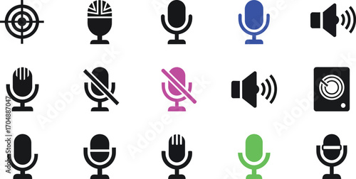 Collection of diverse microphone and speaker icons, representing audio and sound communication.