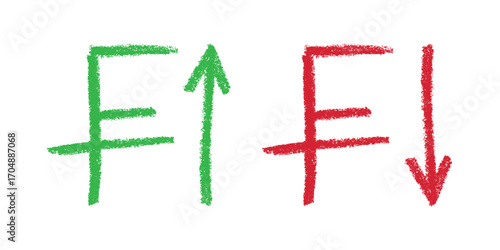 Hand drawn swiss franc currency symbol Growth and fall profit with arrow up and down Brush stroke doodle Element for design