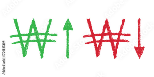 Hand drawn won currency symbol Growth and fall profit with arrow up and down Brush stroke doodle Element for design