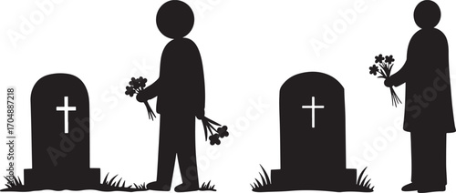 Two mourners paying respects at gravestones silhouette