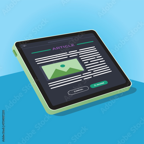 A modern flat vector illustration of a digital tablet displaying an article page.