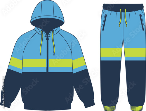 Bright blue and yellow tracksuit with hood and drawstring pants, a stylish athleisure outfit