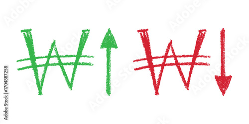 Hand drawn won currency symbol Growth and fall profit with arrow up and down Brush stroke doodle Element for design